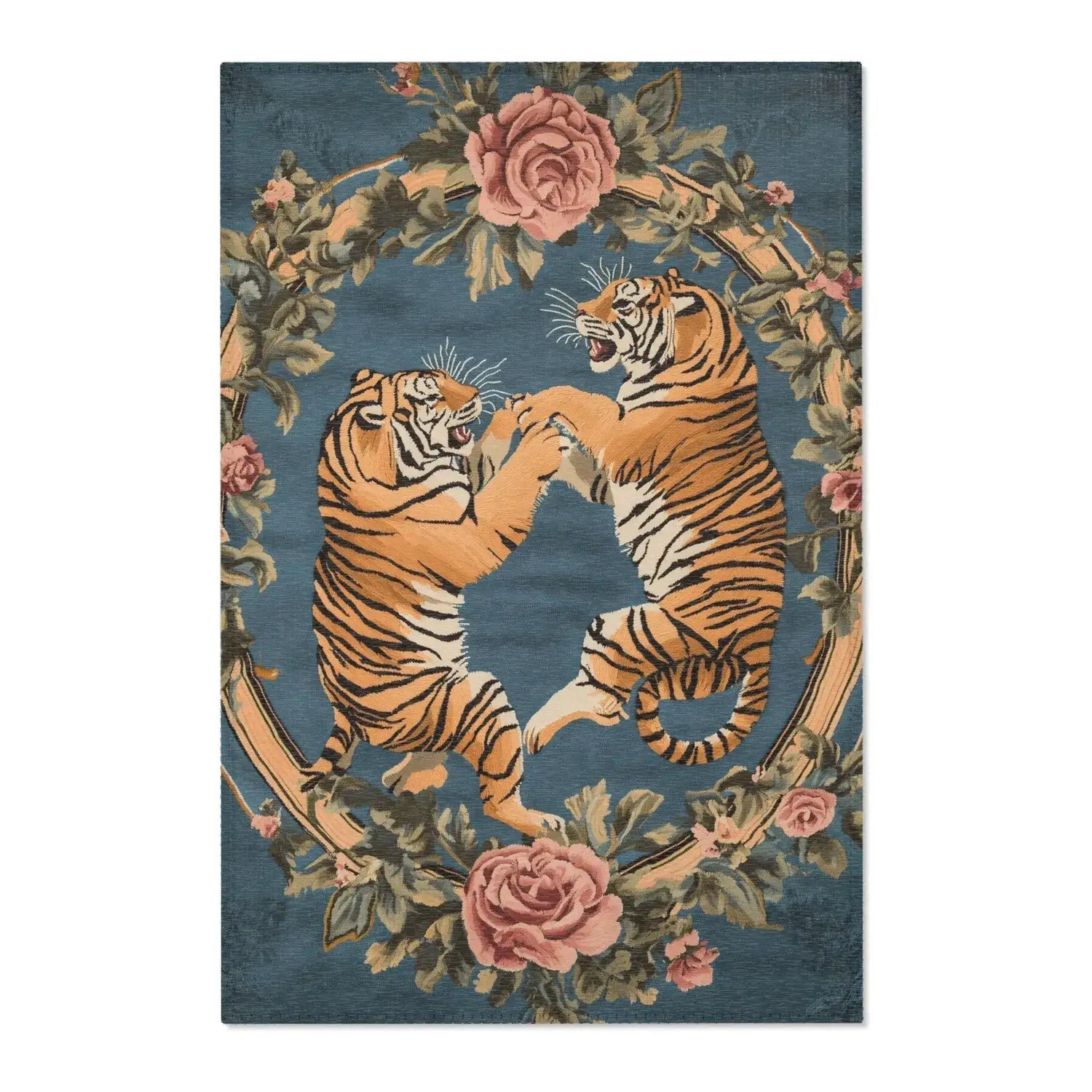 Full front view of two fighting golden tigers within pink rose and green leaf wreath on slate-blue background on the Savage Symphony Vintage Tapestry of Fierce Elegance