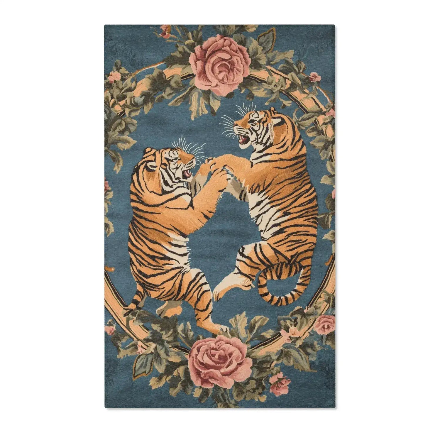 Two rearing golden tigers facing off within an oval wreath of pink roses and green leaves on slate-blue on the Savage Symphony Vintage Tapestry of Fierce Elegance