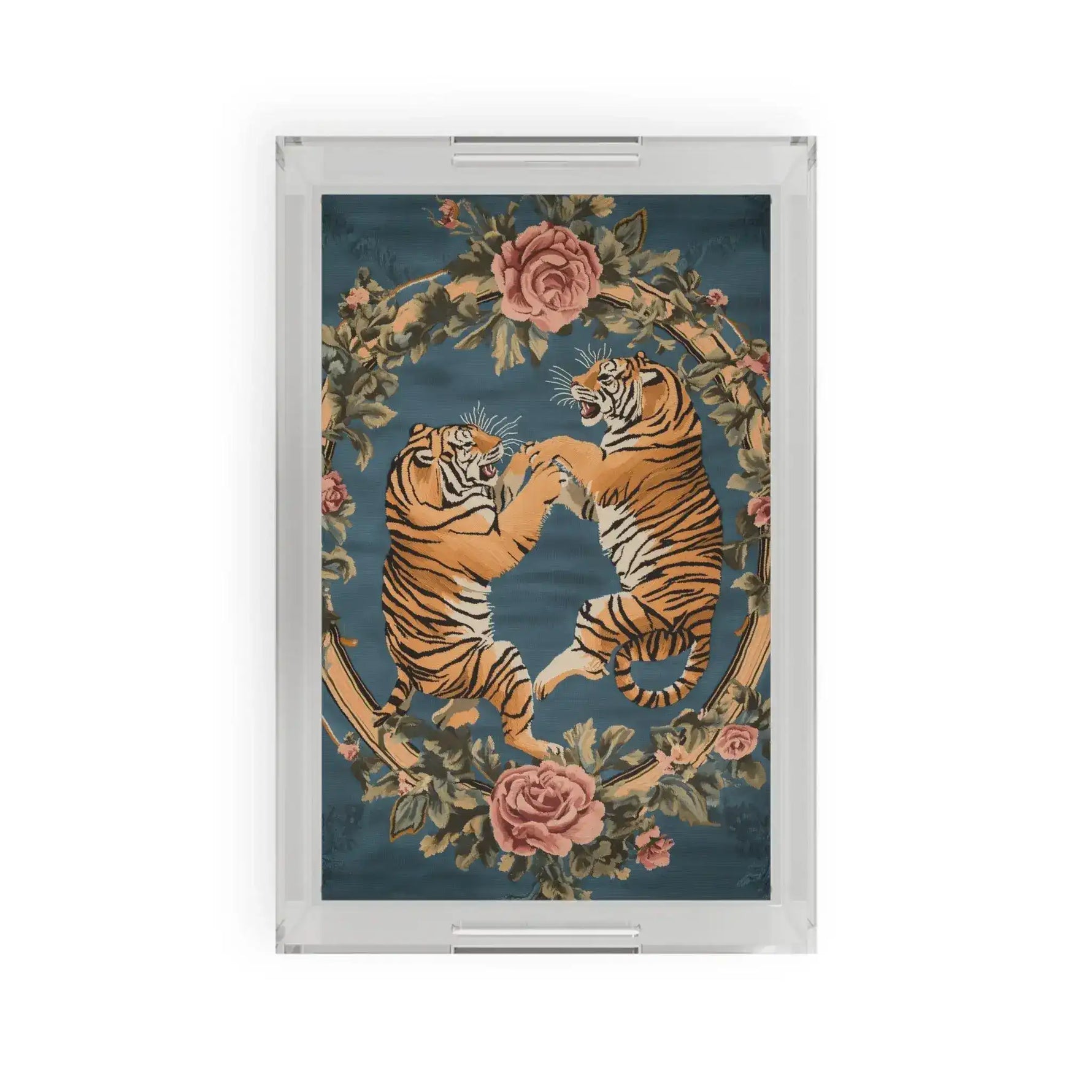 Savage Symphony Vintage Tapestry Serving Tray clear acrylic tray two fighting tigers in floral wreath on teal