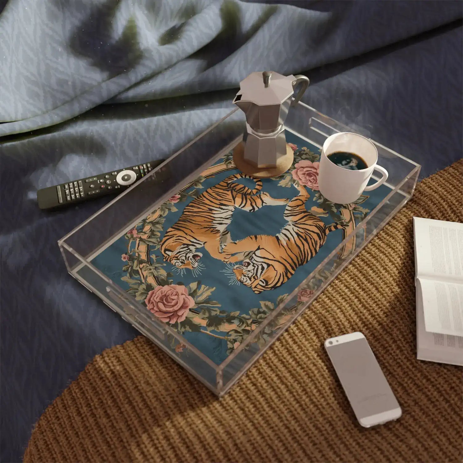 Savage Symphony Vintage Tapestry Serving Tray acrylic tray styled on coffee table with moka pot and coffee cup