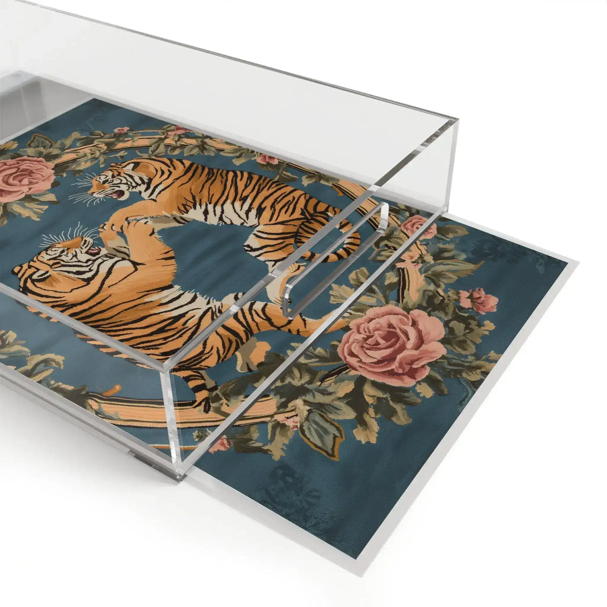 Savage Symphony Vintage Tapestry Serving Tray angled side view clear acrylic tigers and roses on teal print