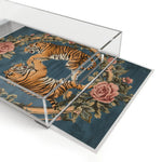 Savage Symphony Vintage Tapestry Serving Tray angled side view clear acrylic tigers and roses on teal print