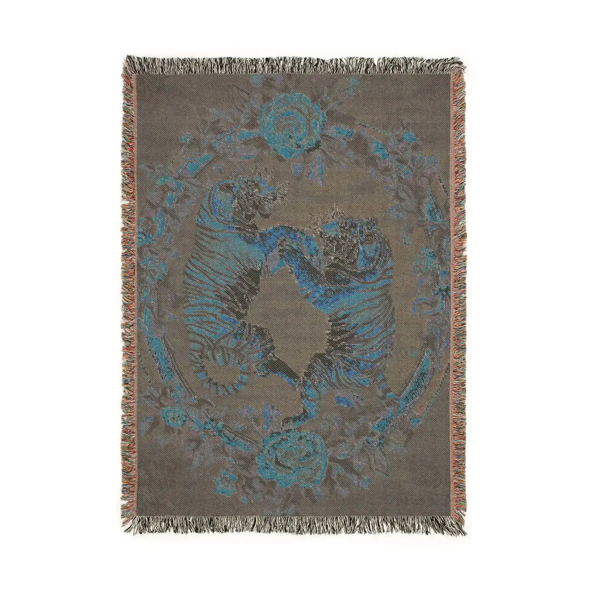 Charcoal woven blanket blue tigers and floral wreath reverse view taupe ground fringed border