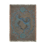 Charcoal woven blanket blue tigers and floral wreath reverse view taupe ground fringed border