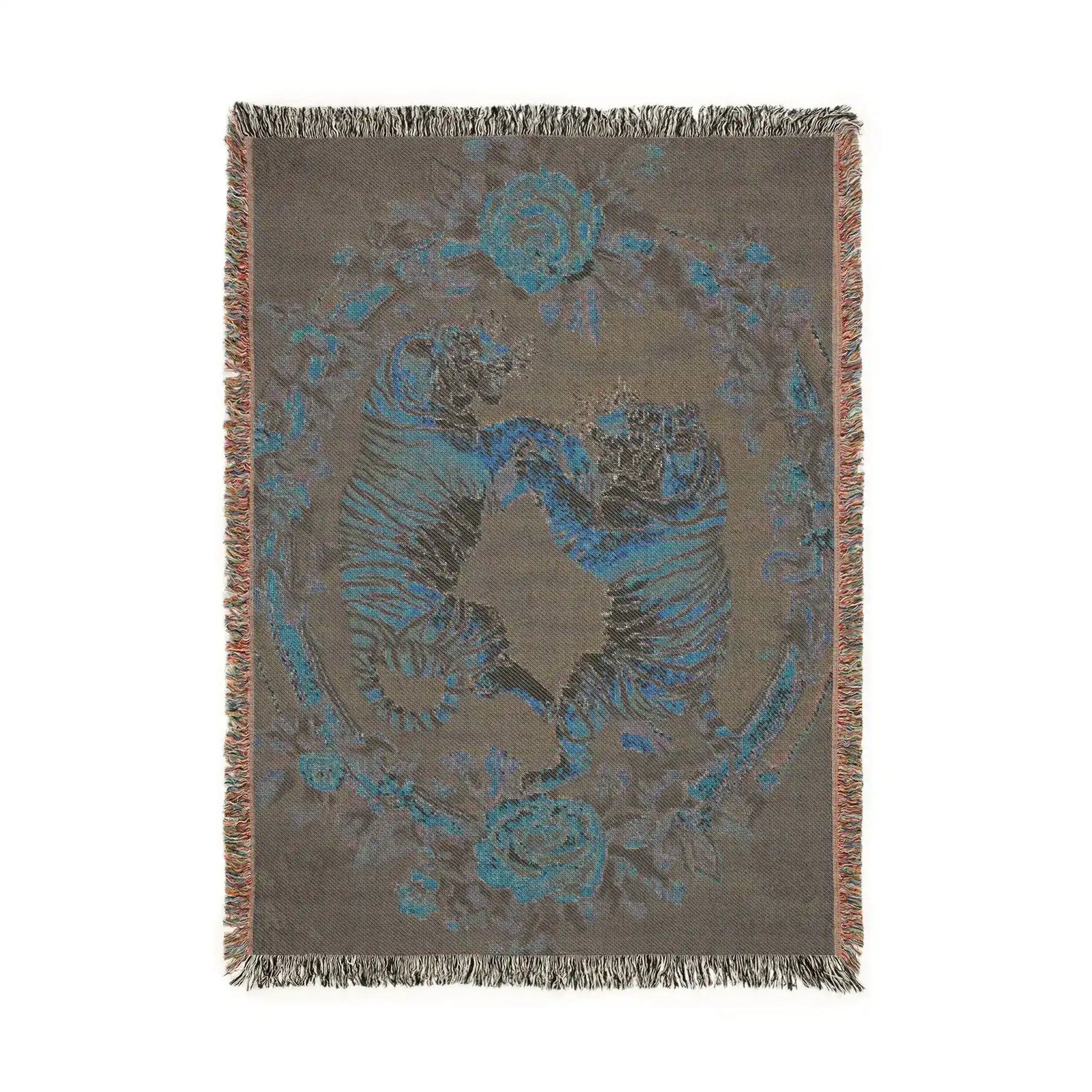 Charcoal woven blanket blue tigers and floral wreath reverse view taupe ground fringed border