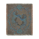 Charcoal ground woven blanket dual tigers and roses in blue muted tones fringed edges