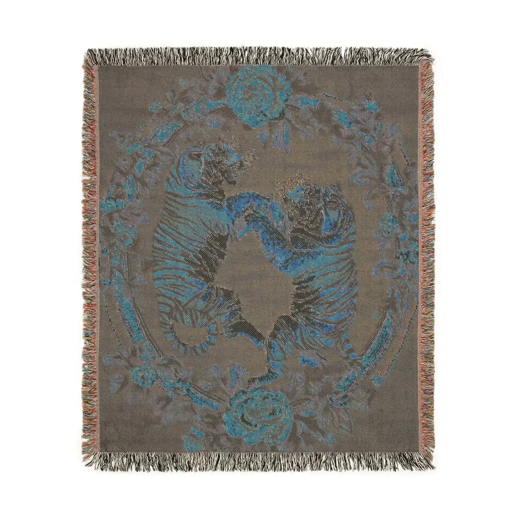 Charcoal ground woven blanket dual tigers and roses in blue muted tones fringed edges