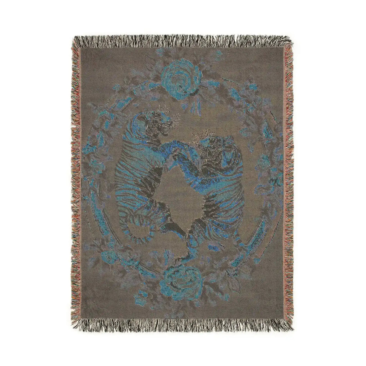 Dark charcoal woven blanket blue-toned tiger pair in circular floral frame taupe palette fringed