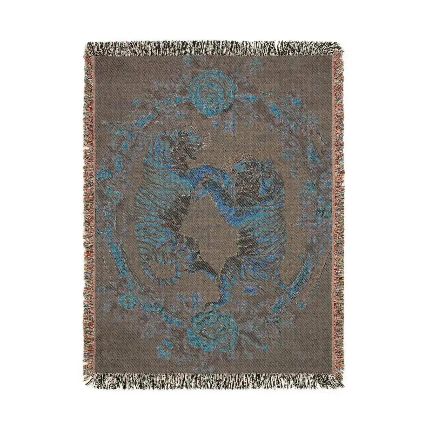 Dark charcoal woven blanket blue-toned tiger pair in circular floral frame taupe palette fringed