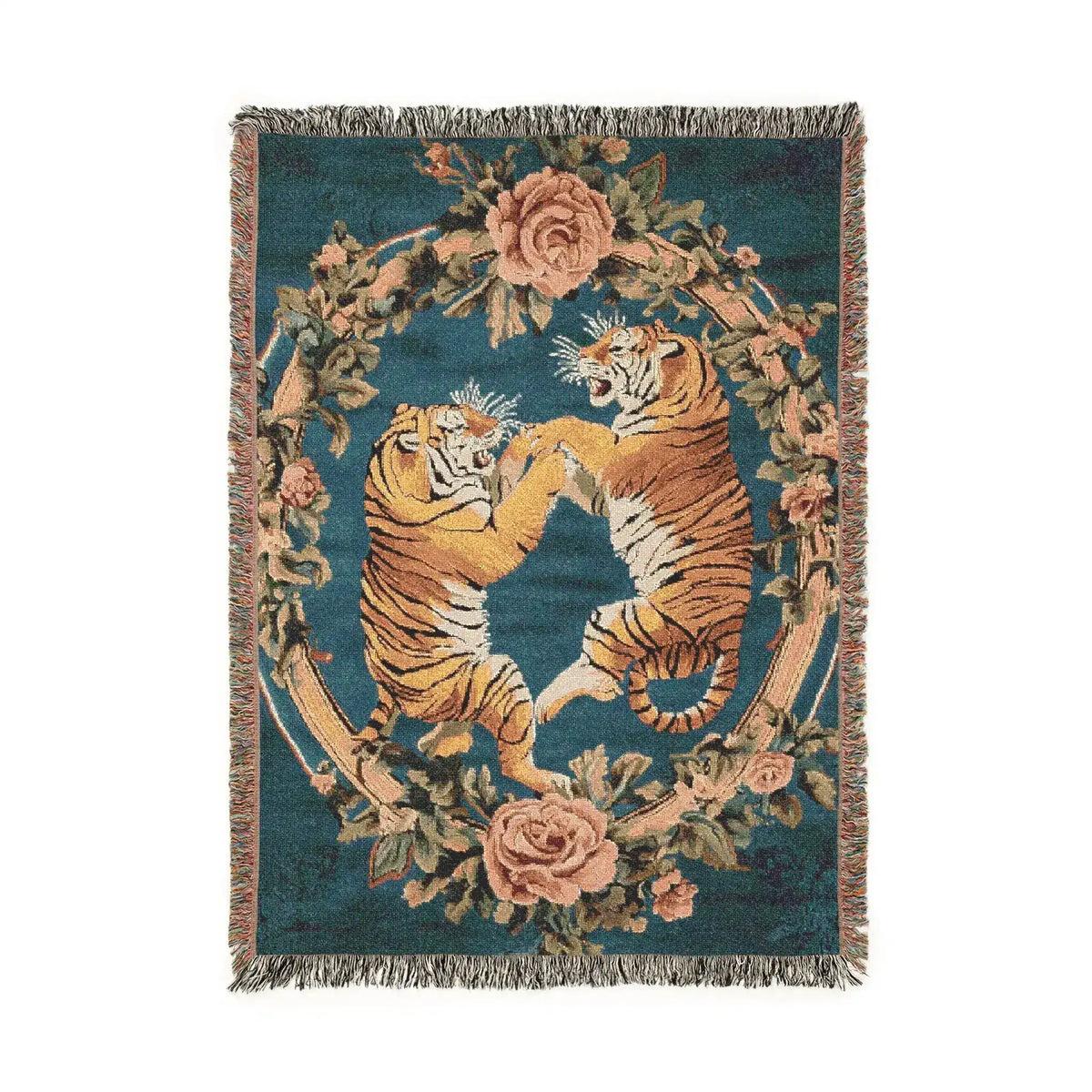 Dark grey woven blanket blue-toned fighting tigers and roses muted vintage palette fringed edges