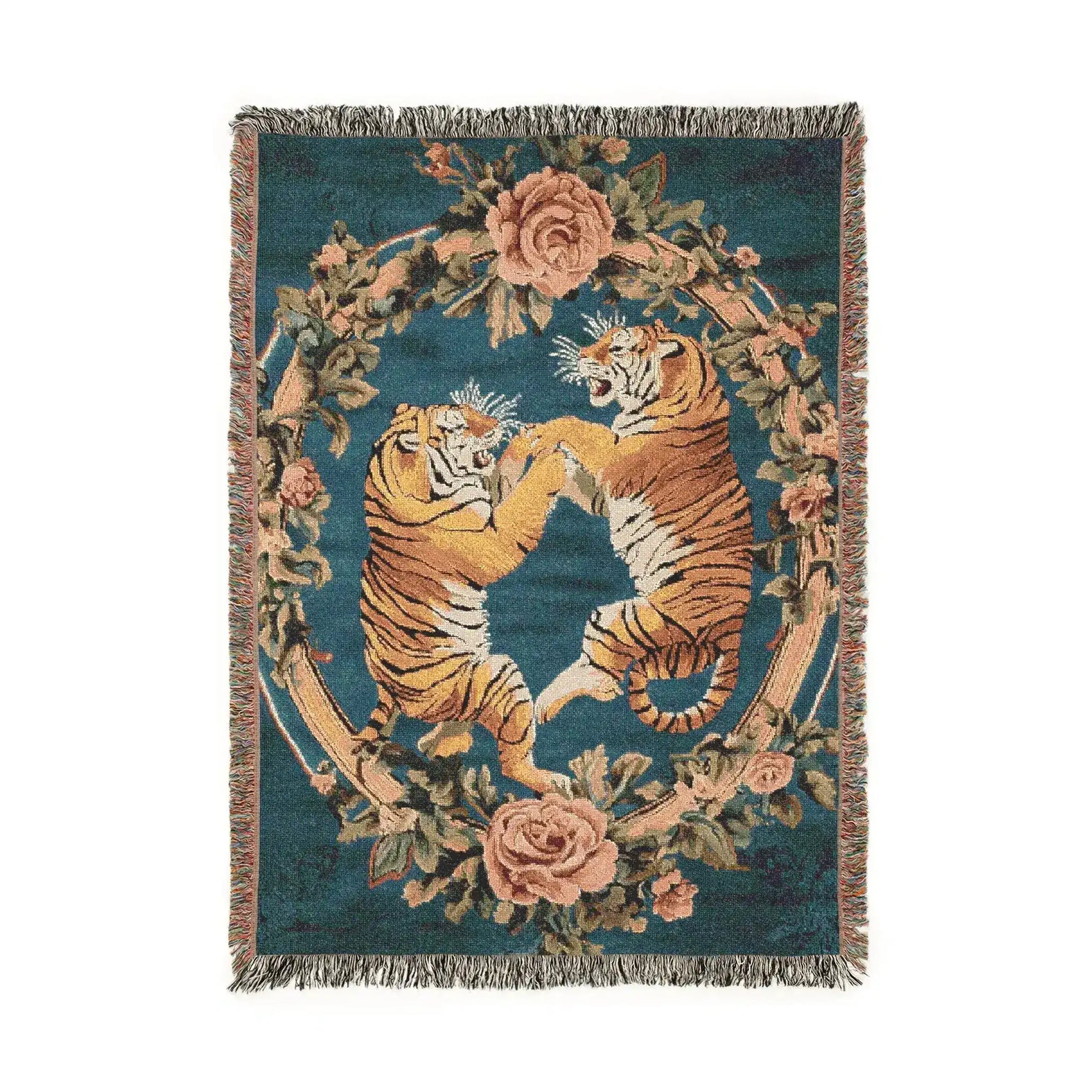 Dark grey woven blanket blue-toned fighting tigers and roses muted vintage palette fringed edges
