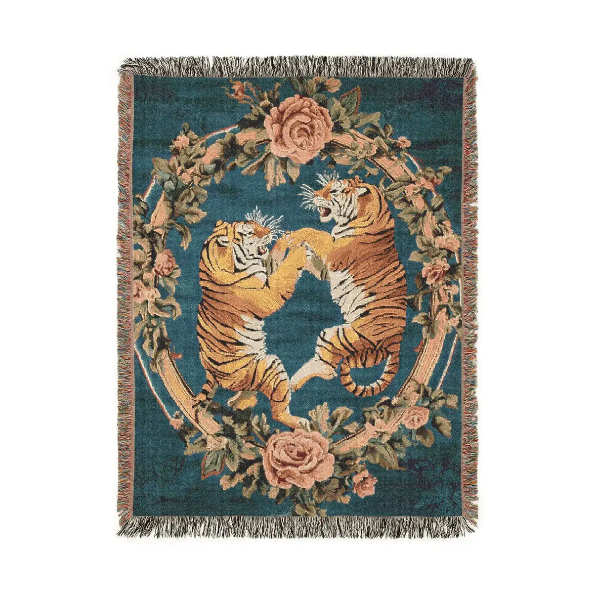 Teal woven blanket two battling tigers framed in rose garland oval orange black coloring fringed border
