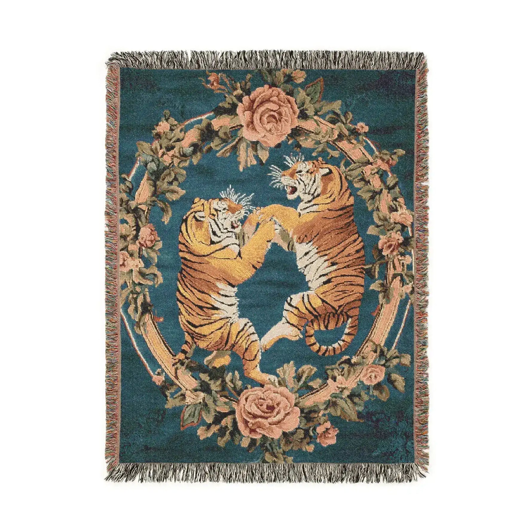 Teal woven blanket two battling tigers framed in rose garland oval orange black coloring fringed border