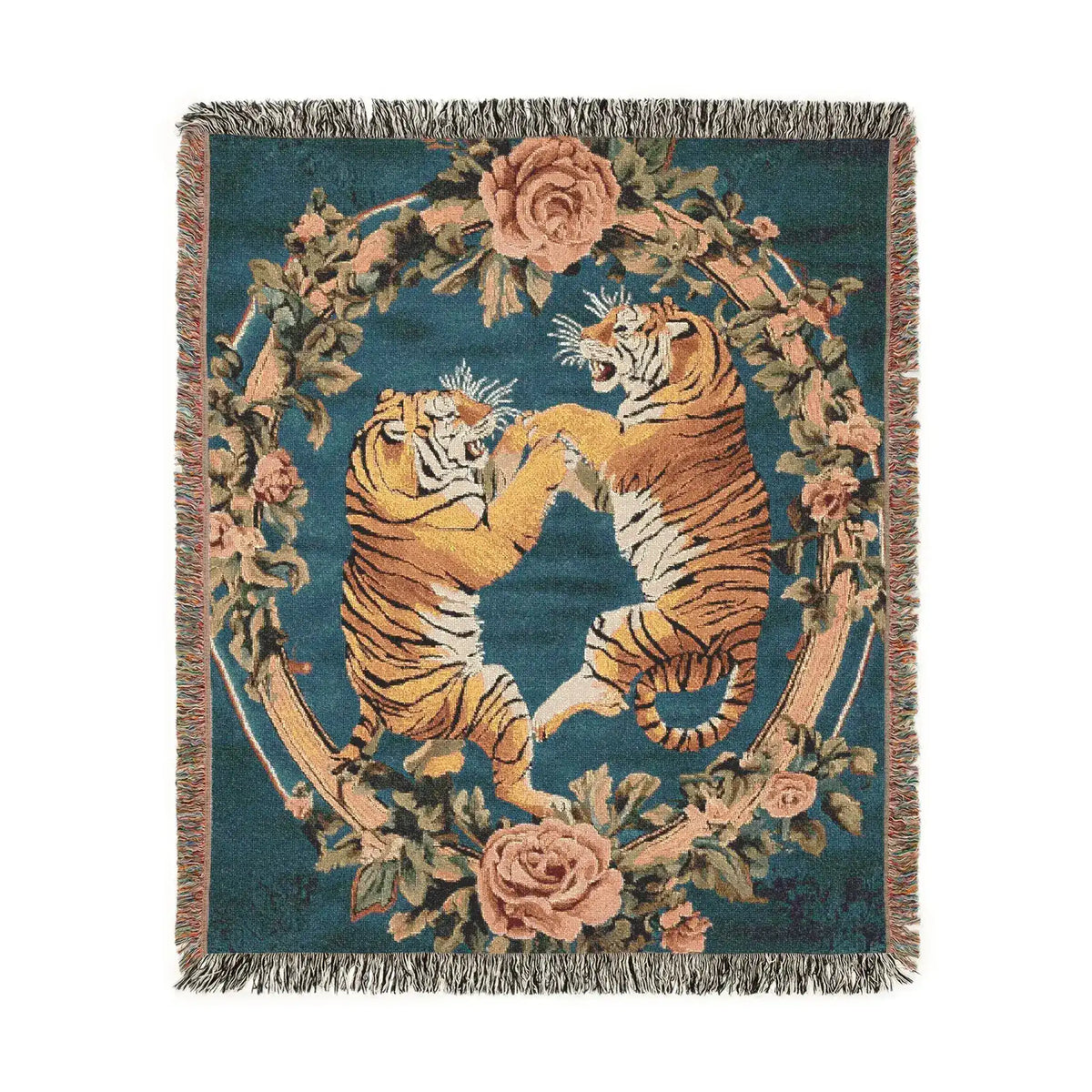 Teal woven blanket two fighting tigers in floral wreath orange black striped pink roses fringed edges