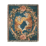 Teal woven blanket two fighting tigers in floral wreath orange black striped pink roses fringed edges