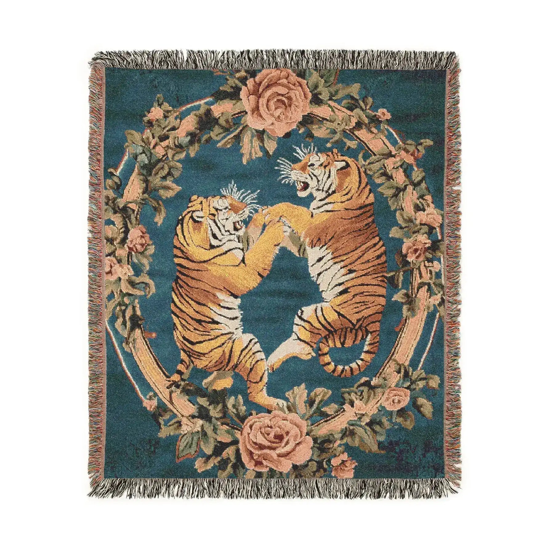 Teal woven blanket two fighting tigers in floral wreath orange black striped pink roses fringed edges
