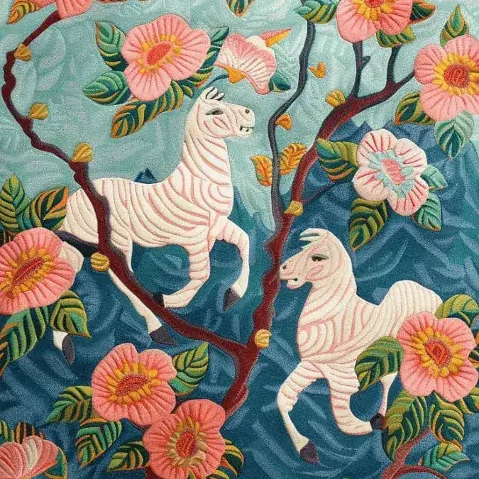 The Savanna Blossom Hand Tufted Area Rug features a vibrant floral design with pink blossoms and white zebras set against a rich blue background. This wool rug adds a touch of elegance to any living room, perfectly sized as an 8x10 living room rug.