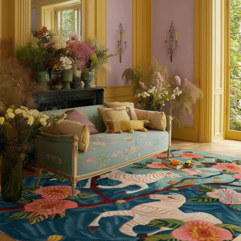 A vibrant living room featuring the Savanna Blossom Hand Tufted Area Rug in an 8x10 size. This floral wool rug showcases a lively design with bold pink flowers and intricate patterns, adding a touch of elegance to the space. Set in a cozy living room with pastel walls and a classic sofa, this rug enhances the room's aesthetic with its rich colors and soft texture.