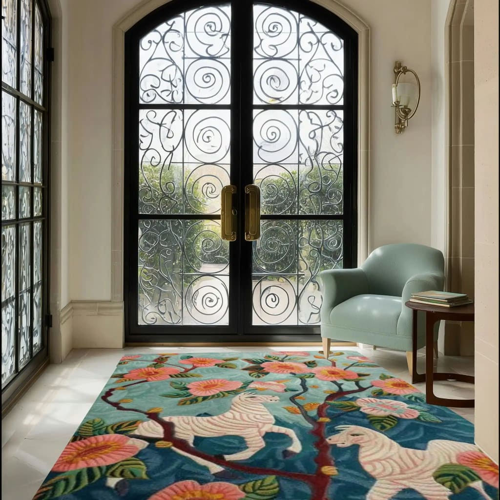 The Savanna Blossom Hand Tufted Rug is an exquisite area rug featured in a stylish living room setting. This 8x10 wool rug showcases a vibrant floral design with zebras and lush blossoms, adding a touch of nature-inspired elegance to any space.