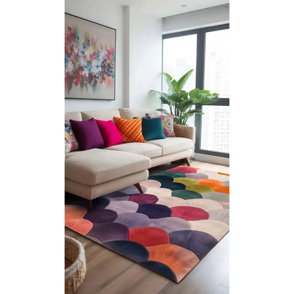 A vibrant contemporary rug featuring a colorful scale pattern lies in a stylish living room. This large living room area rug, made from wool, adds a splash of color with its bold design, enhancing the modern decor. The cozy seating area with a beige sofa and colorful cushions complements the rug, creating a warm and inviting ambiance.