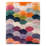Vibrantly colored Scale Spectrum Hand Tufted Area Rug showcasing a contemporary design with fan-shaped patterns in shades of orange, pink, green, and blue. Ideal for large living room spaces, this wool rug adds a modern touch to any living room area.