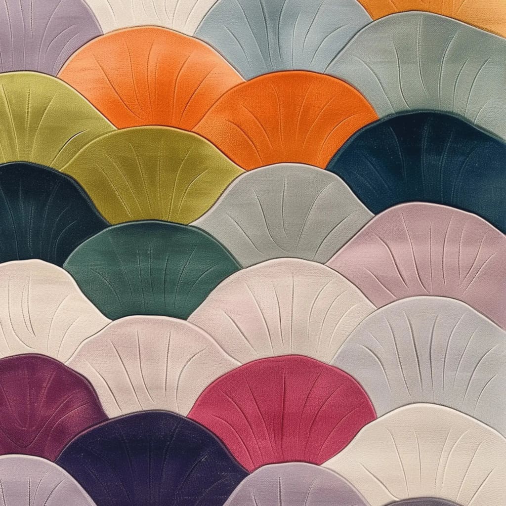 A vibrant, hand-tufted area rug featuring an abstract pattern of colorful, overlapping scales in shades of orange, green, blue, and pink. This contemporary rug, perfect for a large living room, showcases the intricate texture and rich hues of a wool rug, ideal for enhancing any living room area.