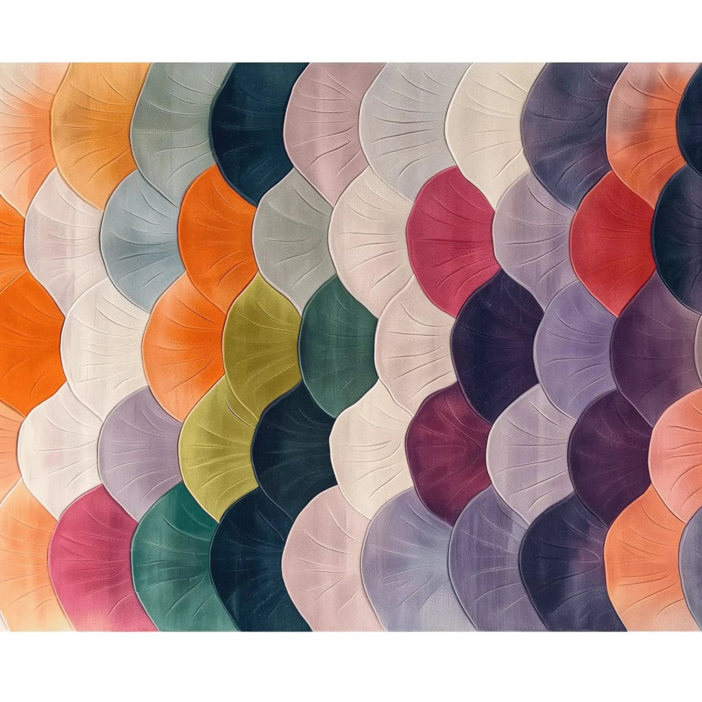 A vibrant and colorful Scale Spectrum Hand Tufted Area Rug, perfect for large living rooms. This contemporary wool rug features an abstract, wave-like pattern with a mix of oranges, greens, purples, and blues, ideal for adding a splash of color to any living room area.
