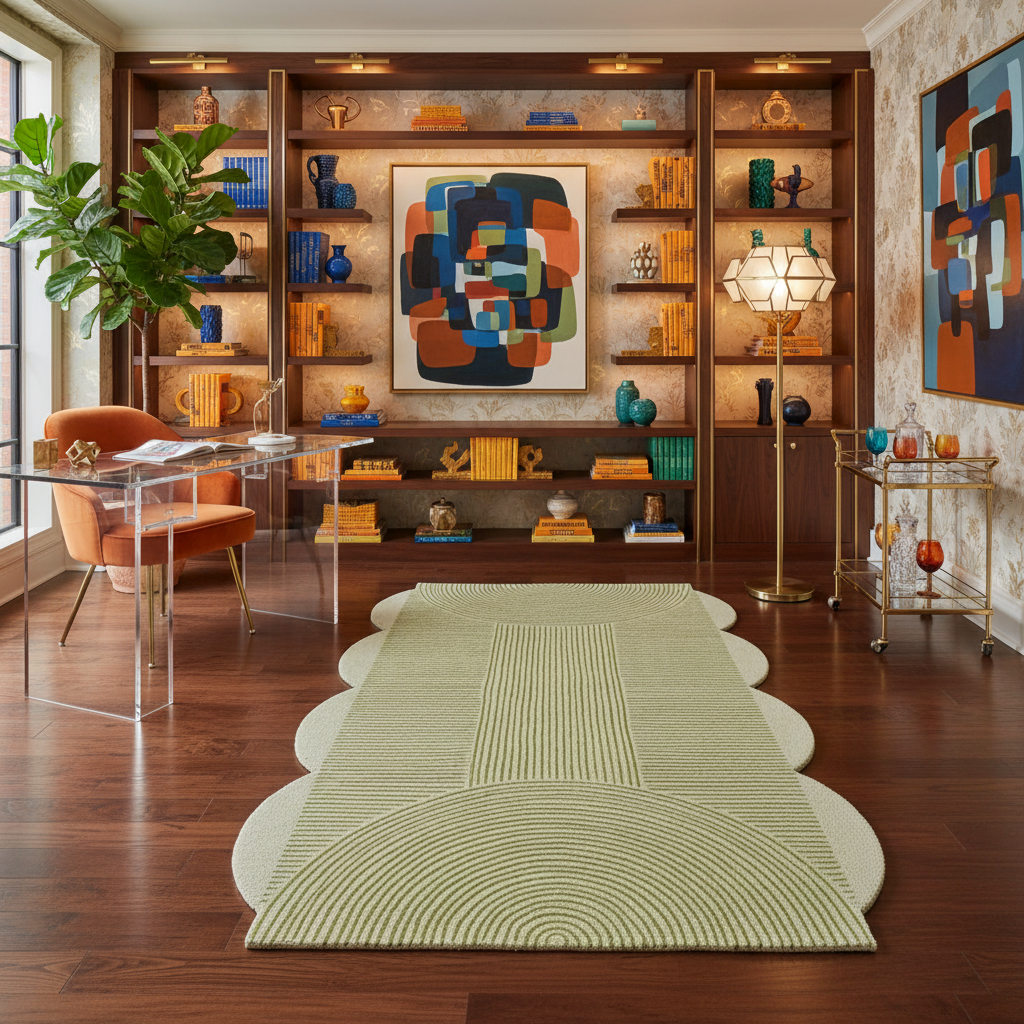 Modern living room with bookshelves, abstract art, and a geometric wool rug.