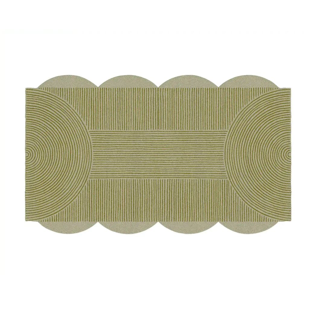 Top view of a Scallop Arch Geometric Hand Tufted Wool Rug, featuring an elegant area rug design with a combination of circular and linear patterns, perfect for large living rooms. The wool rug showcases a unique scalloped edge, adding a touch of sophistication to any living room decor.