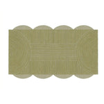 Top view of a Scallop Arch Geometric Hand Tufted Wool Rug, featuring an elegant area rug design with a combination of circular and linear patterns, perfect for large living rooms. The wool rug showcases a unique scalloped edge, adding a touch of sophistication to any living room decor.