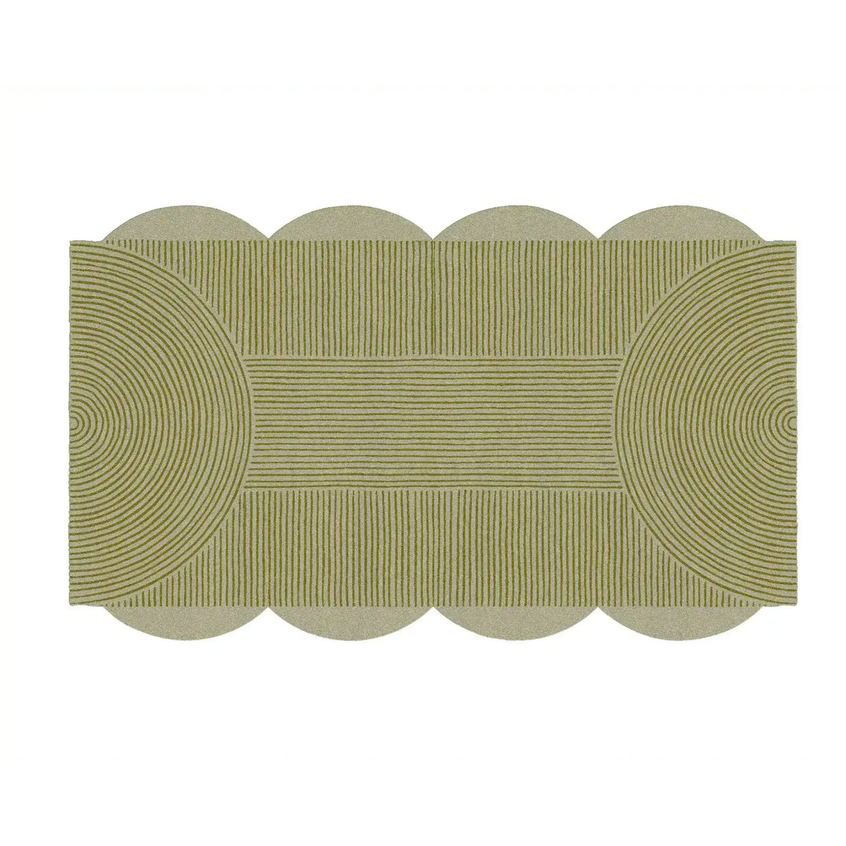 Top view of a Scallop Arch Geometric Hand Tufted Wool Rug, featuring an elegant area rug design with a combination of circular and linear patterns, perfect for large living rooms. The wool rug showcases a unique scalloped edge, adding a touch of sophistication to any living room decor.