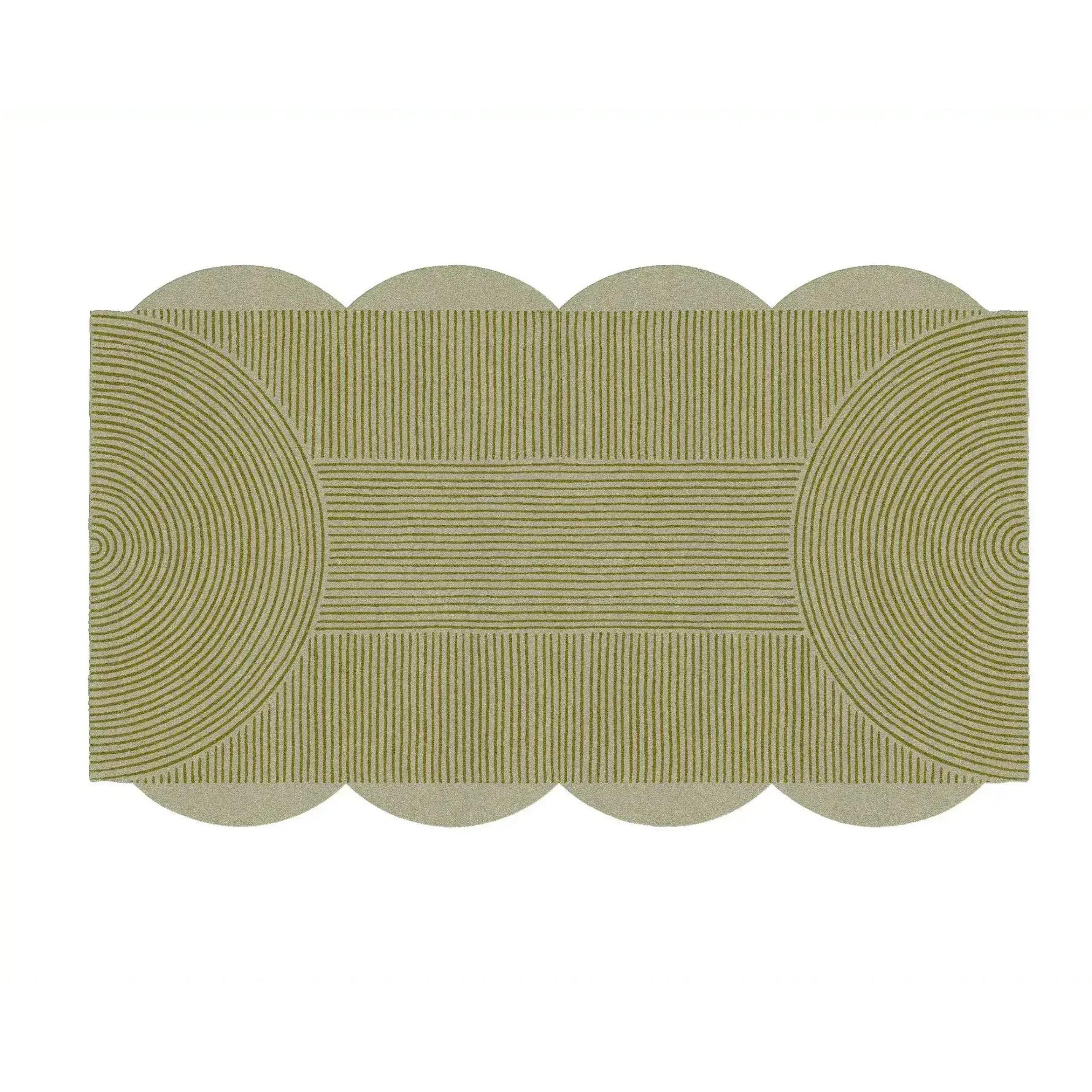 Top view of a Scallop Arch Geometric Hand Tufted Wool Rug, featuring an elegant area rug design with a combination of circular and linear patterns, perfect for large living rooms. The wool rug showcases a unique scalloped edge, adding a touch of sophistication to any living room decor.