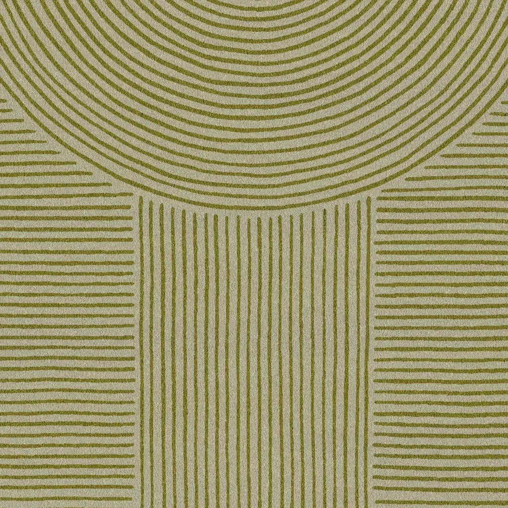 This area rug features a scallop arch geometric pattern in a hand-tufted wool design, ideal for enhancing living room spaces. The intricate green and beige lines create a modern aesthetic, perfect for those seeking large living room rugs made from quality wool.