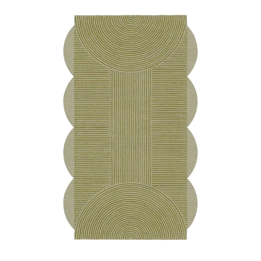 A top view of a Scallop Arch Geometric Hand Tufted Wool Area Rug, featuring a unique geometric pattern with scalloped edges. This wool rug is perfect for adding a modern touch to living rooms, especially in spaces needing large living room rugs.