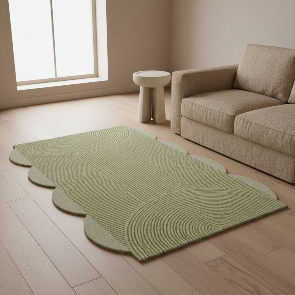 Green rug on a wooden floor with a beige sofa and small table in a room with large windows.