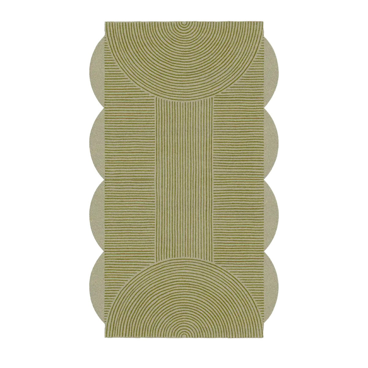 Modern living room with bookshelves, abstract art, and a geometric wool rug.