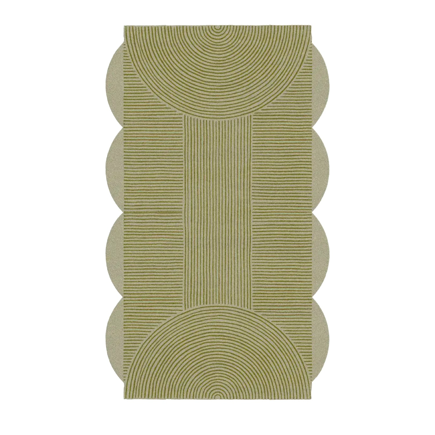 Modern living room with bookshelves, abstract art, and a geometric wool rug.