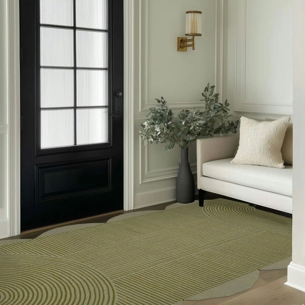 Elegant living room featuring a Scallop Arch Geometric Hand Tufted Wool Rug, perfect for adding style and comfort. This area rug, ideal for large living rooms, showcases intricate patterns and soft textures, enhancing the cozy ambiance.