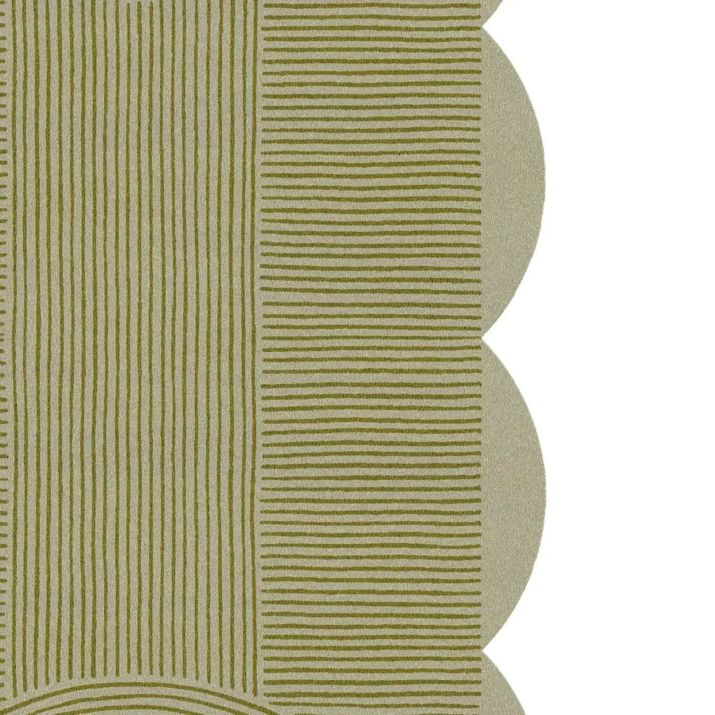 Close-up view of a scallop arch geometric hand-tufted wool rug, showcasing its intricate linear patterns in shades of green. This elegant area rug is perfect for adding a touch of sophistication to your living room. Ideal for those seeking large living room rugs with a unique design.