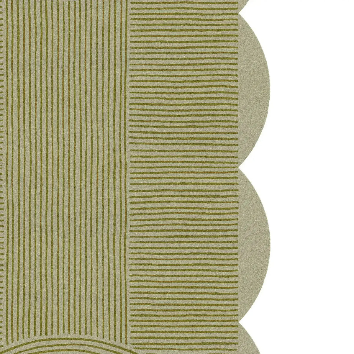 Close-up view of a scallop arch geometric hand-tufted wool rug, showcasing its intricate linear patterns in shades of green. This elegant area rug is perfect for adding a touch of sophistication to your living room. Ideal for those seeking large living room rugs with a unique design.