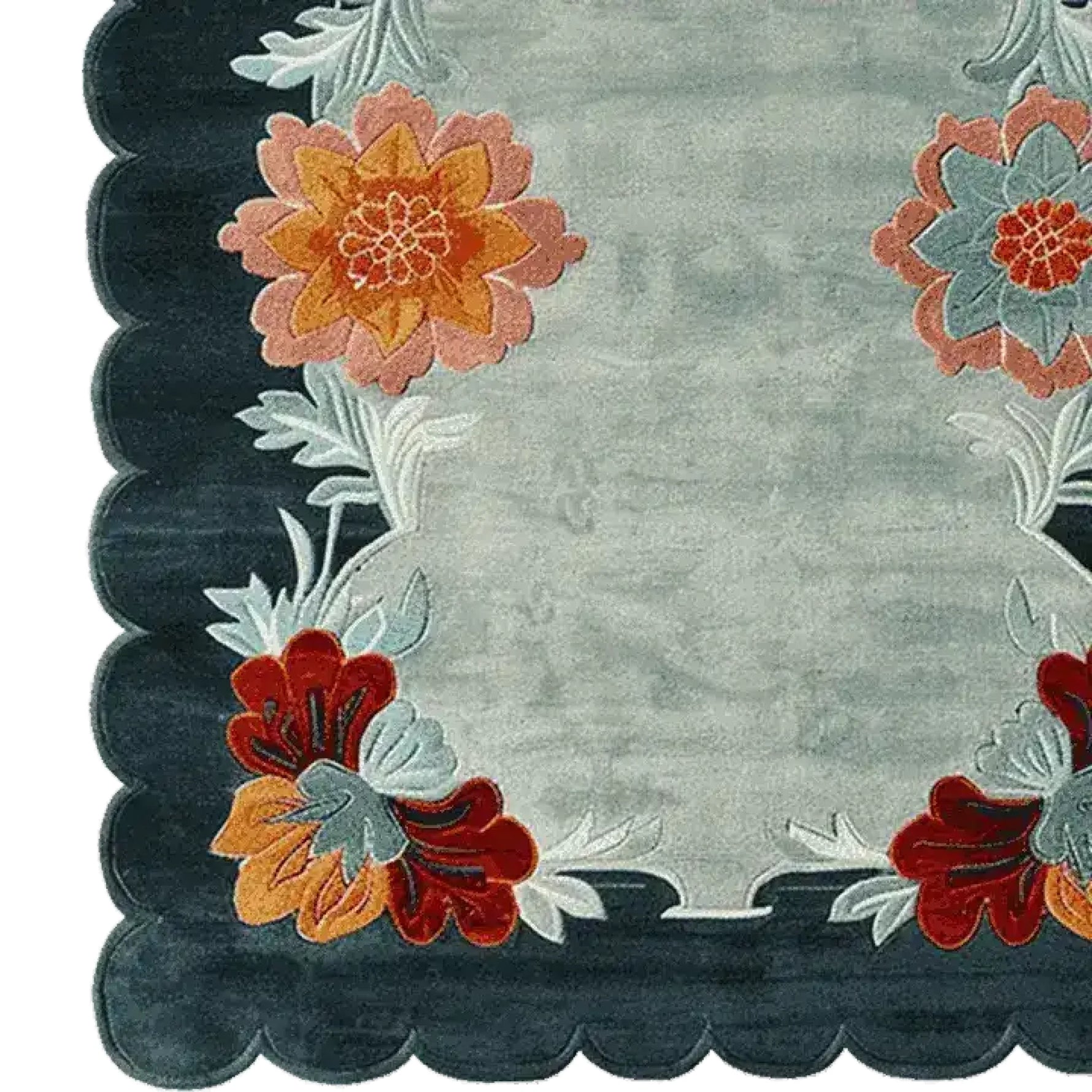 A beautifully detailed Scallop Bloom Hand Tufted Rug, showcasing an intricate floral design with vibrant orange, red, and blue flowers on a soft grey background. This wool area rug is perfect for adding a touch of elegance to your living room, available in an 8x10 size, ideal for enhancing any space with its artistic charm.