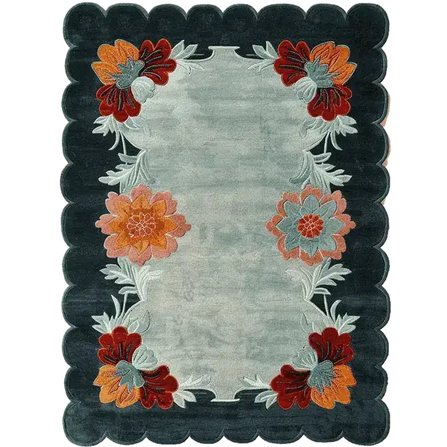 This beautiful Scallop Bloom Hand Tufted Area Rug features a striking floral design with vibrant orange and red flowers on a soft, grey background. Perfect for adding a touch of elegance to your living room, this wool rug is available in a versatile 8x10 size. Ideal for those seeking living room area rugs that combine style and comfort.