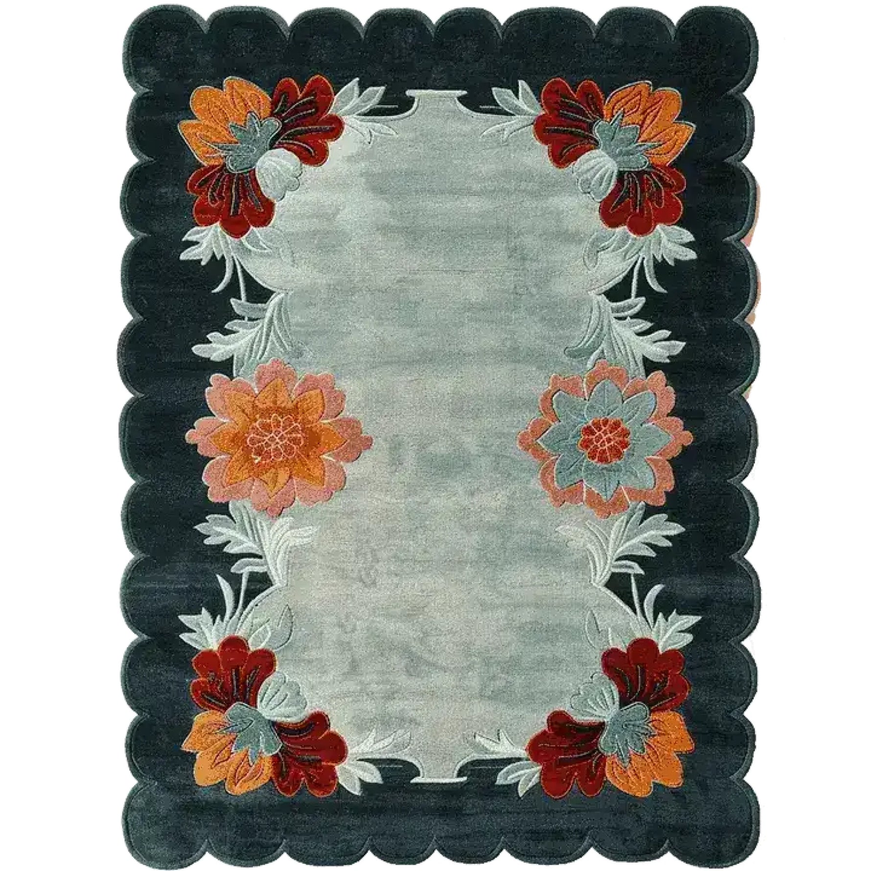 This beautiful Scallop Bloom Hand Tufted Area Rug features a striking floral design with vibrant orange and red flowers on a soft, grey background. Perfect for adding a touch of elegance to your living room, this wool rug is available in a versatile 8x10 size. Ideal for those seeking living room area rugs that combine style and comfort.