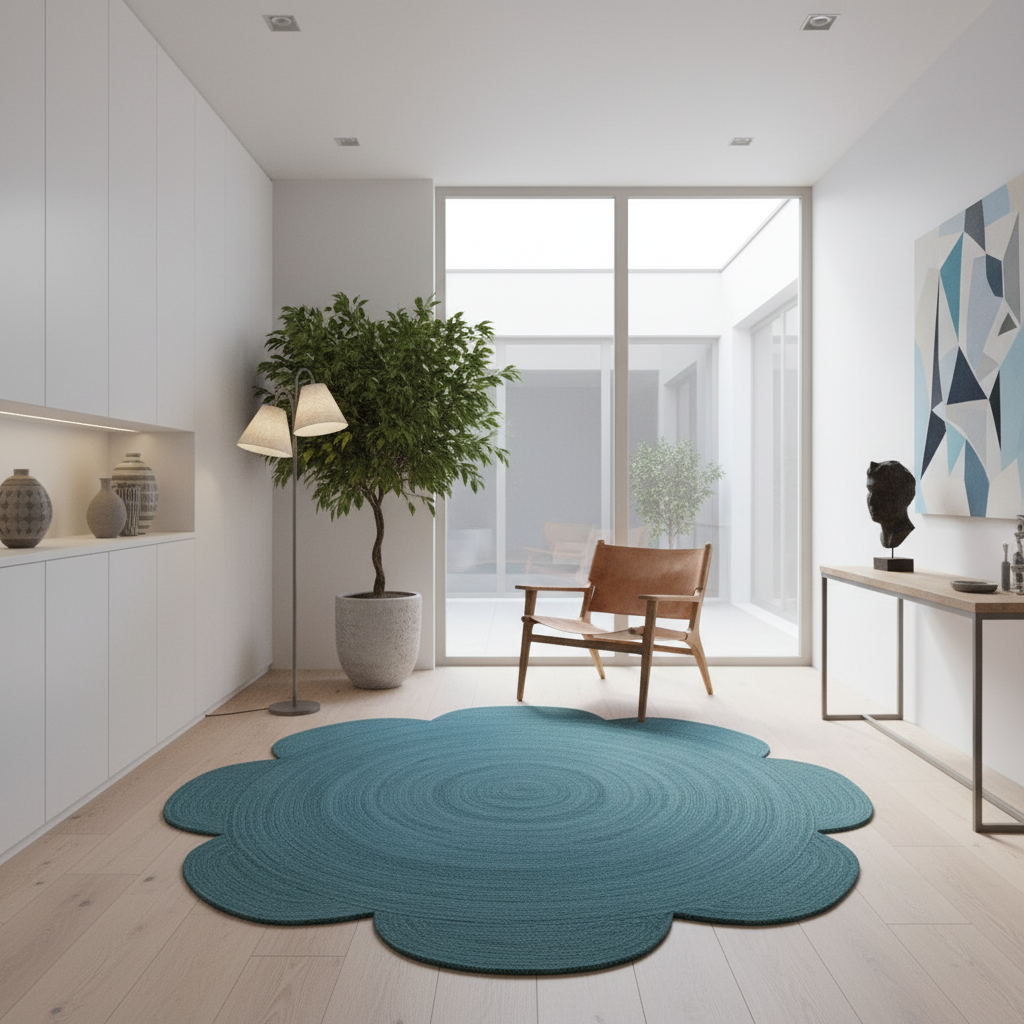Alfombra redonda de yute con diseño de flor de vieira - Azul