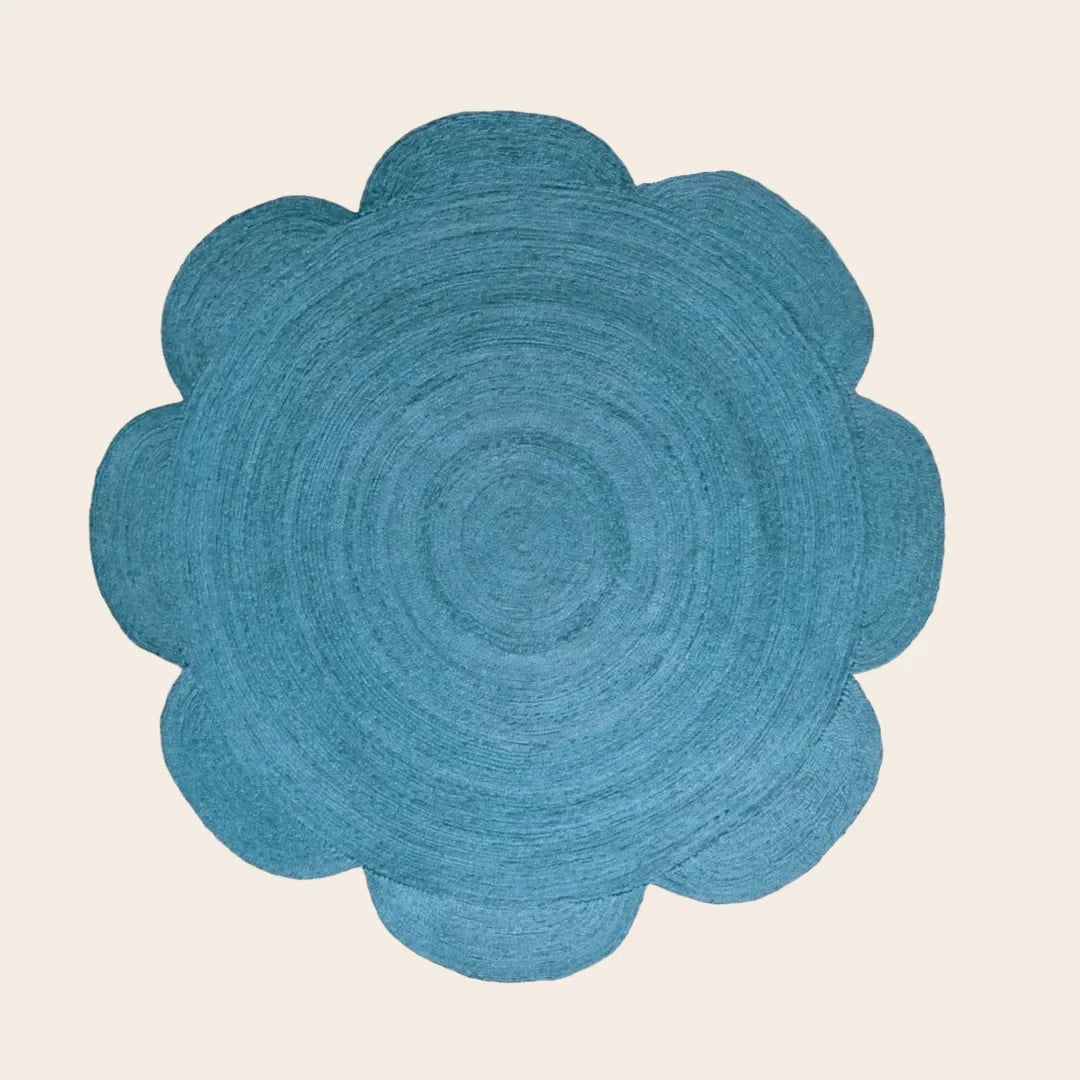 Scallop Flower Round Jute Rug - Blue