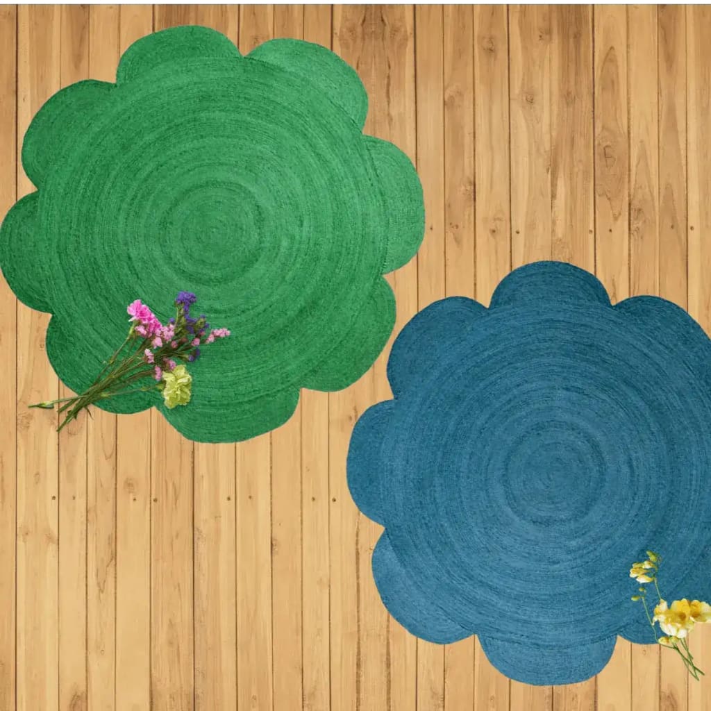 Top view of a Scallop Flower Round Jute Rug in green and blue, perfect for adding a natural touch to your living room. These large area rugs feature a unique scalloped design, ideal for any living room area. Enhance your space with these stylish living room rugs, available in 8x10 size.