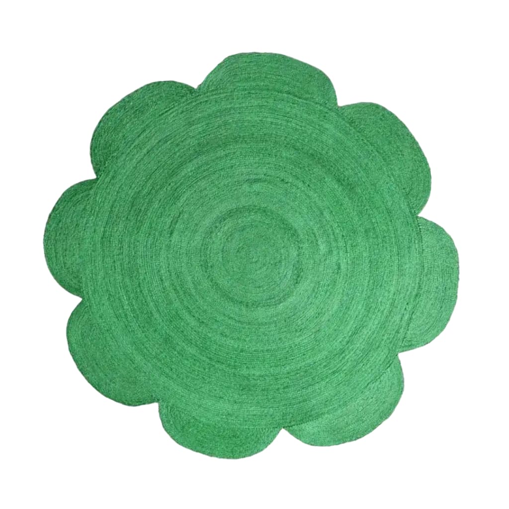 Top view of a Scallop Flower Round Jute Rug in vibrant green, ideal for adding a pop of color to your living room. This large area rug, measuring 8x10, is perfect for creating a cozy atmosphere in any living space.