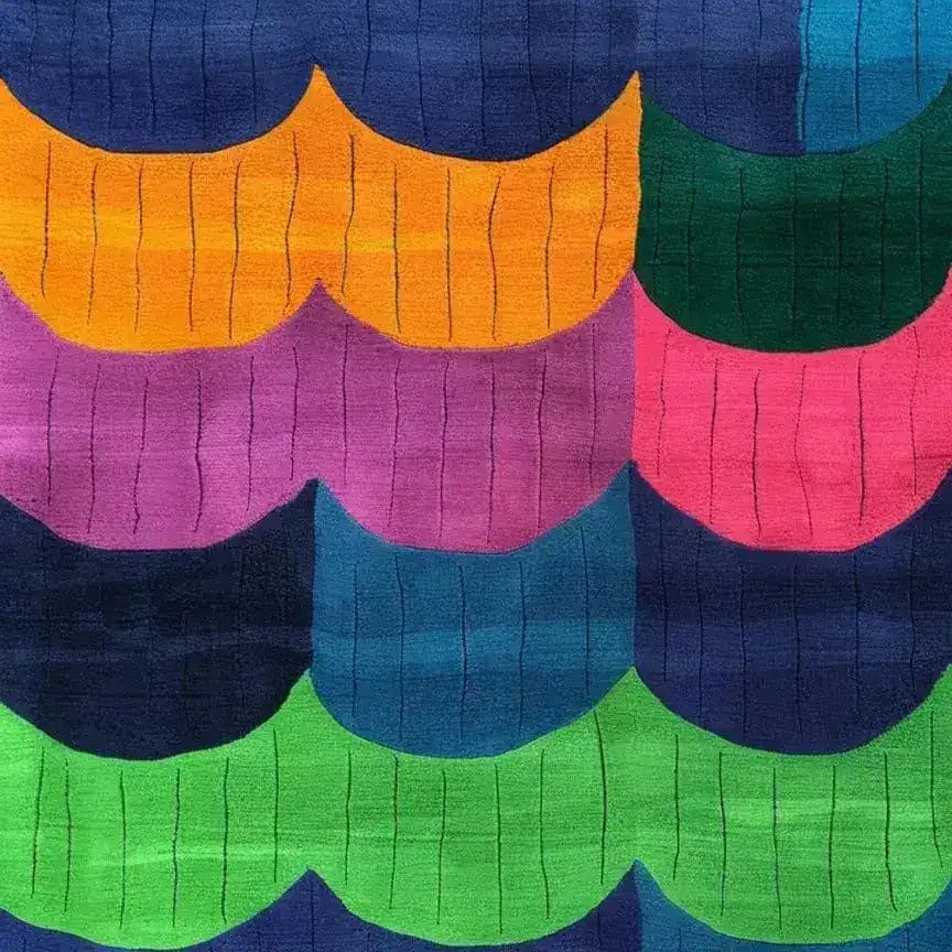 Vibrant and contemporary scallop shell hand tufted wool area rug with bold multicolored patterns, perfect for dining rooms or large living room spaces. This modern wool rug adds a touch of elegance to formal dining room settings.