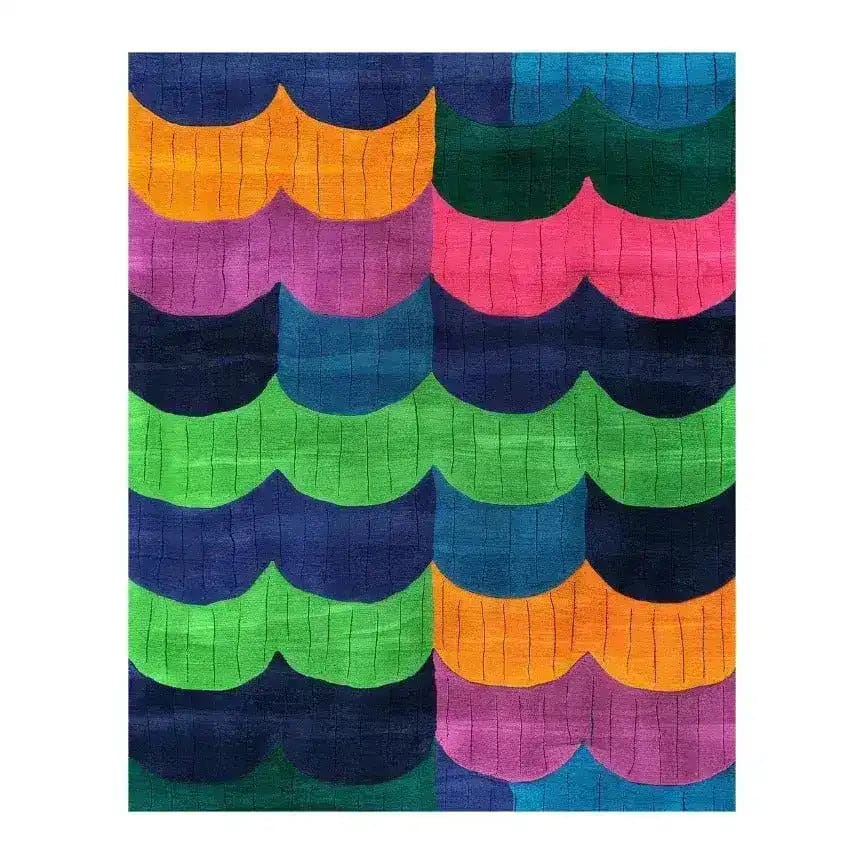 Colorful scallop shell hand-tufted wool area rug, perfect for adding a vibrant touch to your dining room or large living room. This contemporary rug features bold patterns in shades of blue, green, pink, and orange, making it an ideal choice for both living and formal dining rooms.