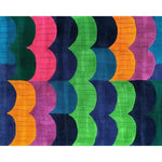 A vibrant and colorful area rug, perfect for a dining room or large living room. This contemporary wool rug features an abstract pattern with bold colors like green, blue, pink, and orange, creating a lively atmosphere ideal for formal or casual settings.